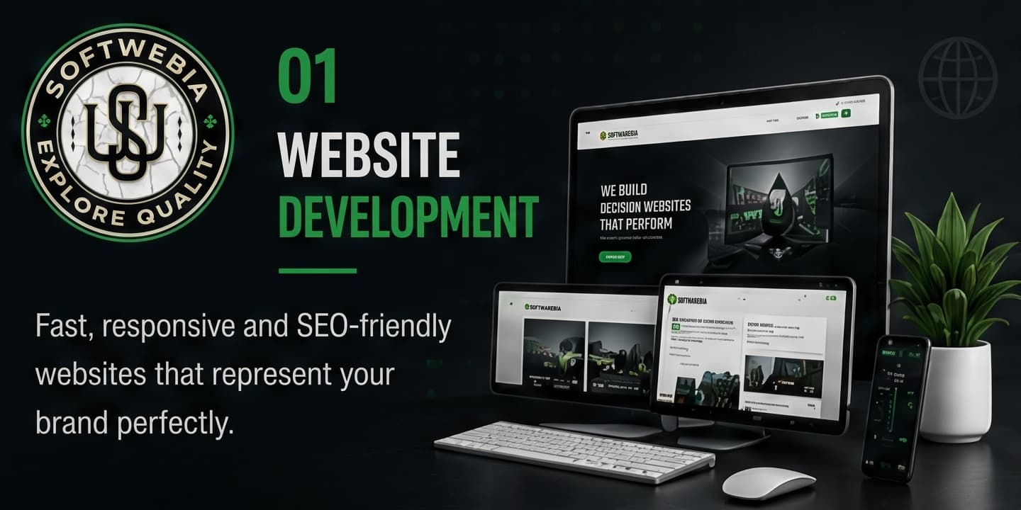 Softwebia website development, shown across desktop and phone screens.